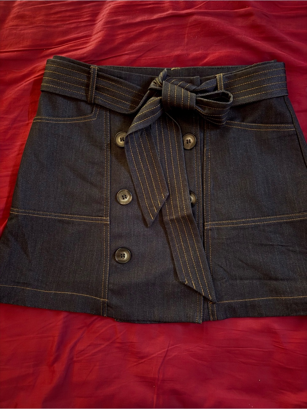 NWT Ciebon High-Waist Dark Denim Button-Front Skirt with Belt